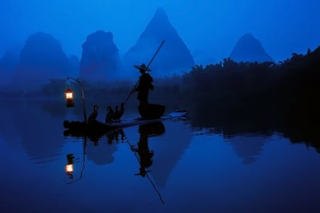 :-) - hat, water, summer, blue, silhouette, night, man, lantern, black, river, lake, vara