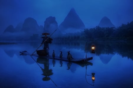 :-) - silhouette, lake, vara, water, night, summer, black, lantern, blue, river, man, boat