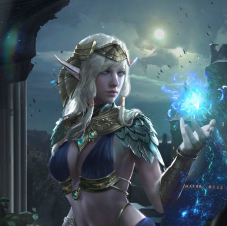 Archmage - magical, elf, girl, blue, manson ike, fantasy, hand, luminos, archmage