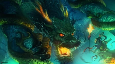 Dragon - artur sadlos, luminos, blue, dragon, green, fire, fantasy