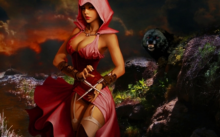 Assassin - panther, hood, fantasy, pink, assassin, girl