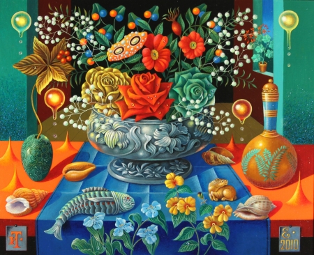 Still life - blue, igor tyulpanov, flower, still life, orange, pictura, red, painting, rose, fish, art