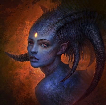 Dark beauty - dark beauty, girl, fantasy, horns, luminos, blue, orange, almanegra, demon