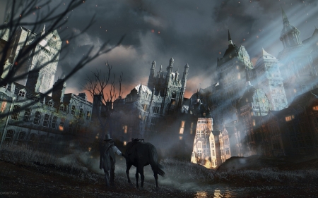 Hunter in town - moon, horse, castle, night, luna, fantasy, hunter