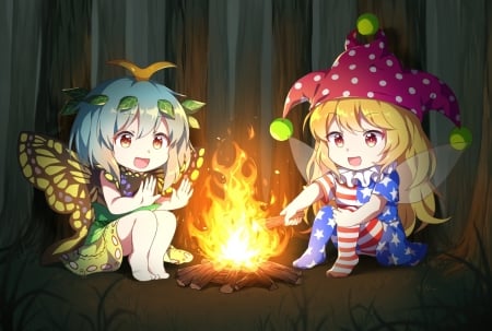 Fairies - girl, night, campfire, anime, fairy, cute, manga