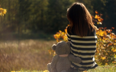 Teddy And Me - models, autumn, people, female, me, brunette, teddy