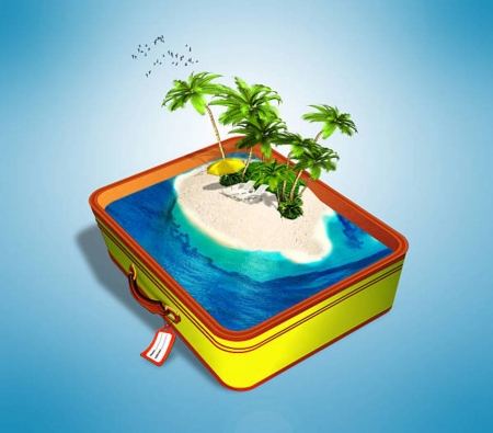 Beach in the suitcase - beach, palm trees, creative, suitcase