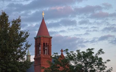 Church Bell Tower - sky, trees, church, cross, toweer, bell