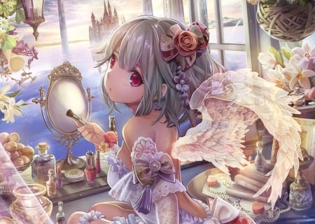 Angel - girl, angel, pink, mirror, anime, wings, cute, manga