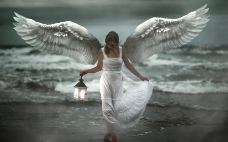 Angel - summer, beach, girl, angel, lantern, white, woman, model, wings, vara