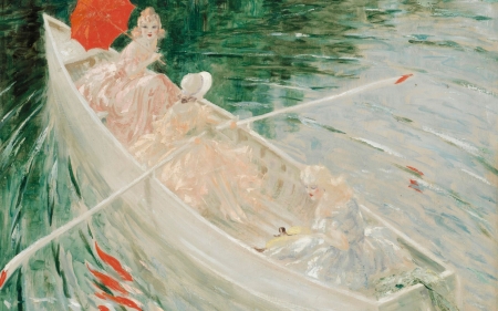 :-) - hat, water, summer, boat, louis icart, girl, pictura, umbrella, red, painting, art, vara