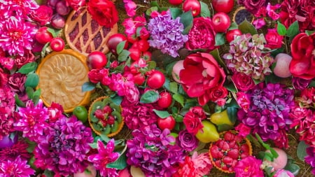 Flowers and fruits - skin, joseph curtin, vara, colorful, summer, fruit, yellow, pink, red, ppie, green, texture, flower