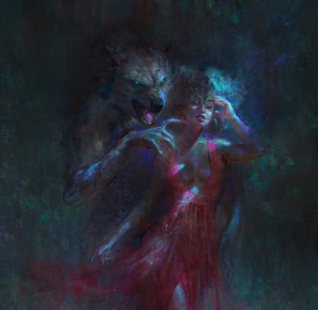 Night creatures - night, martanael, fantasy, werewolf, wolf, art, pink, creature, luminos, marta nael, blue