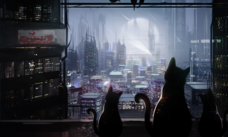 Moonlight - moon, anime, window, cat, manga, fantasy, animal, pisici, luminos, luna