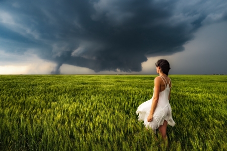 Tornado - tornado, vara, girl, summer, field, cloud, situation, green, dress