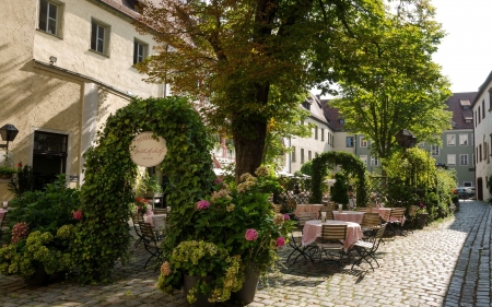 Beer Garden in Germany - garden, germany, trees, houses