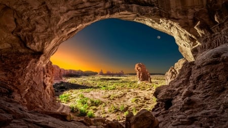 Arches Nat'l. Park, Utah - moon, sunset, nature, arch, canyon