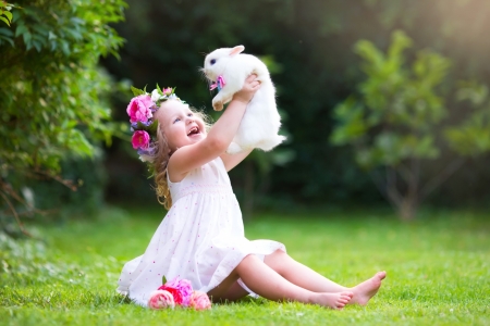 Little Girl - Girl, Field, Summer, Rabbit