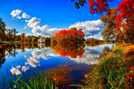 Autumn Lake - sky, lake, reflection, clouds, trees