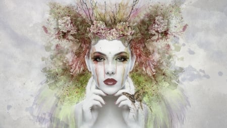 :-) - face, flower, pink, girl, fantasy, selene sierra, hand, luminos, green