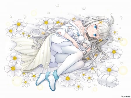 Fairy - anime, yellow, namaru, girl, flower, white, mmanga, wings, fairy