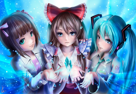 konachan com 47572 anami harkua crossoverhakurie reimu hatsune miku,saku9595 touchouvocloid - girls, friends, sweet, cyrstal