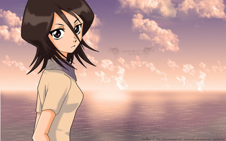 Rukia - sunset, bleach, rukia, sea