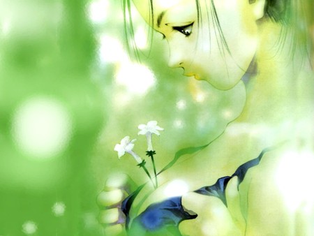 Three flowers in the green - anime, illustration, mikimoto