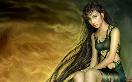 The Storm  - pretty, yellow clouds, girl, tatters, long hair