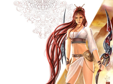 The Warrior  - white, long red hair, beautiful, sword, weapons