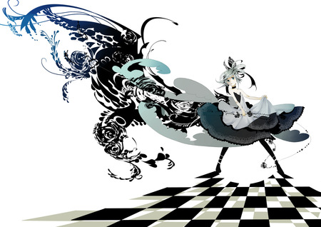 Let's dance - black rose, anime, chessboard, grey hair, dress