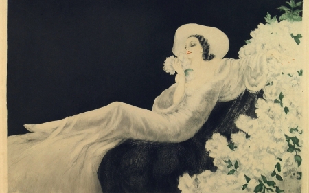 Beauty - woman, girl, hat, louis icart, black, white, painting, art, pictura, flower