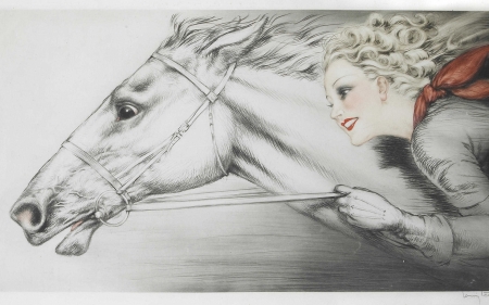 Run! - running, louis icart, girl, cal, horse, eind, pictura, painting, art