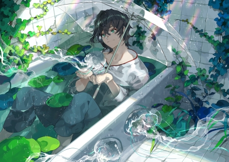 Jellyfish - anime, water, summer, blue, kyouichi, bath, guy, man, manga, medusa, jellyfish, umbrella, bathtub, green, rain, vara