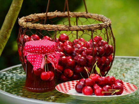 BASKET OF CHERRIES - BERRIES, CHERRIES, RED, BASKET