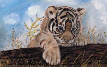 Tiger cub - cub, tiger, pictura, animal, paw, painting, cute, tigru, art