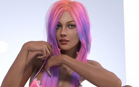 Girl - face, rendering, luminos, pink, hair, frumusete, luna, fantasy