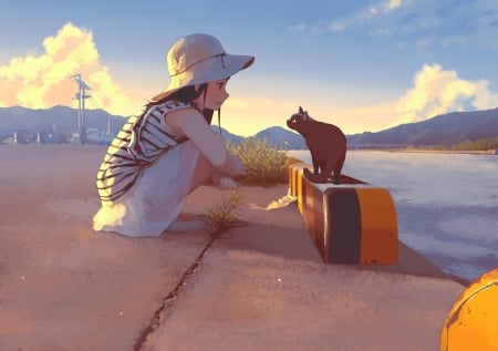 Face to face - hat, manga, anime, summer, girl, pisici, vara, cat