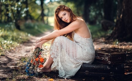 The beauty with her luggage - girl, pretty, luggage, flower