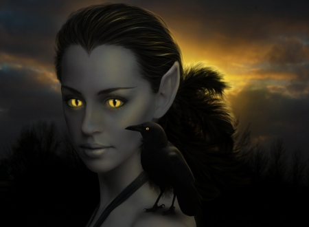 Elf with raven - bird, yellow, raven, girl, eyes, dark, elf, fface, fantasy, pasare