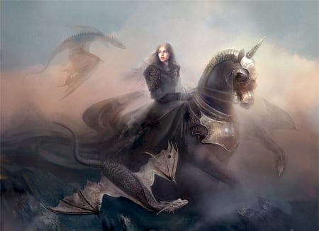 Victoire - princess, girl, mother, bente schlick, fantasy, daenerys targaryen, art, horse, luminos, dragon, game of thrones