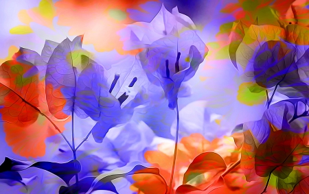 Flowers - painting, art, blue, luminos, orange, pictura, flower