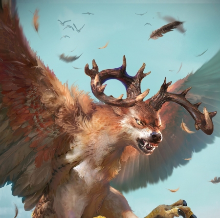 Peryton - lup, wings, creature, wolf, fantasy, peryton, yakun wang, dog, horns