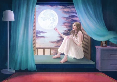 Touch the moon - moon, girl, fantasy, s a star lee, white, window, hand, luminos, blue, luna