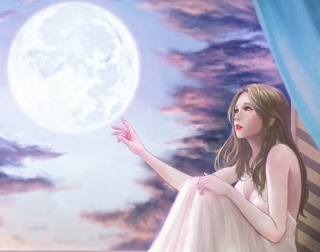 Touch the moon - moon, blue, window, girl, fantasy, hand, s a star lee, luminos, luna