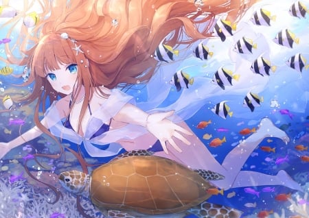 :-) - turtle, anime, water, summer, blue, girl, manga, suzumori uina, fish