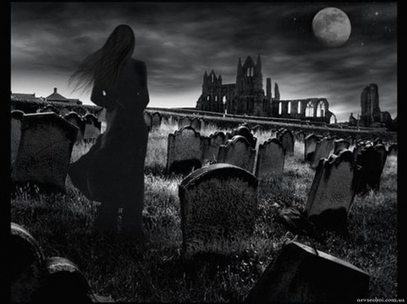 Moonlit cemetry - cemetery, spooky, tombs, moon, ruins, girl, night