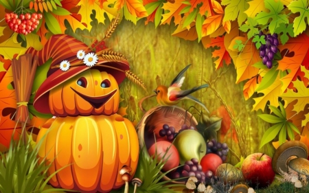 Autumn Bright - Cute, Autumn, Pumpkins, Grapes, Leaves, Apples, Hats