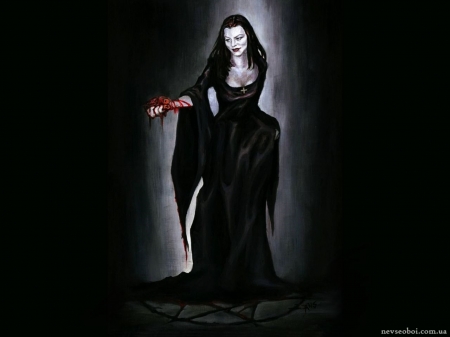 Vampiress and the heart - painting, girl, heart, horror, blood, gothic