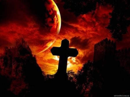 Bloody night - moon, cross, sky, night, horror, tample, blood